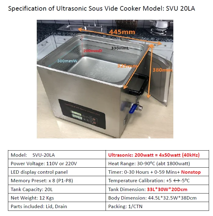Commercial Industrial use with Ultrasonic even heating/better tasting/ tenderizing stainless steel 20L Sous Vide cooking machine