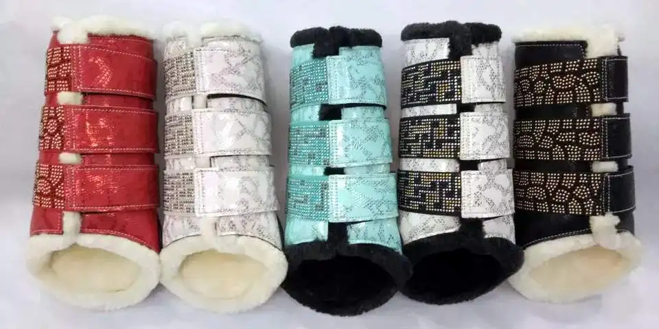 Fancy Customized Leather Horse Ankle & Tendon Boot set with softy leather padding brass hardware white stitching