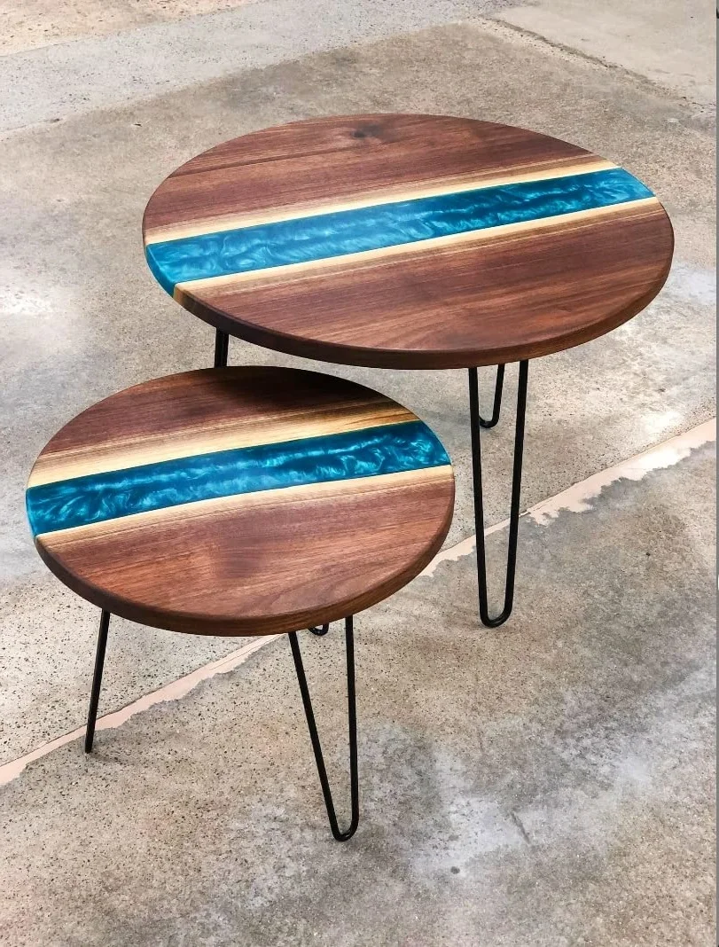Solid Wood Epoxy Resin Nesting Table 24 inches and 16 inches Metallic Blue (Set Of 2
