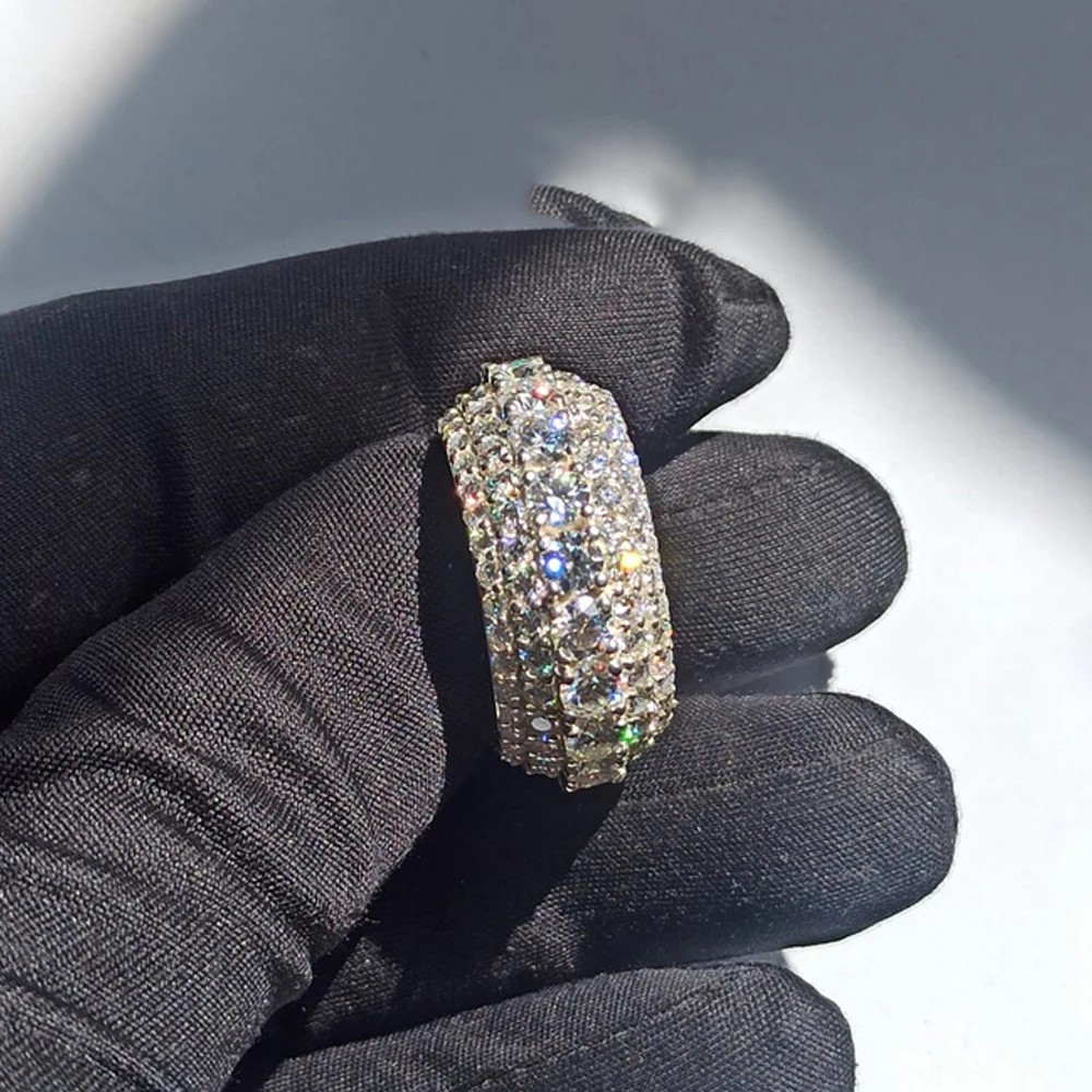 Antique Design of Solid 925 Sterling Silver 5 Rows of Moissanite Ice Out Ring Finger Pinky Hip Hop Ring for Men