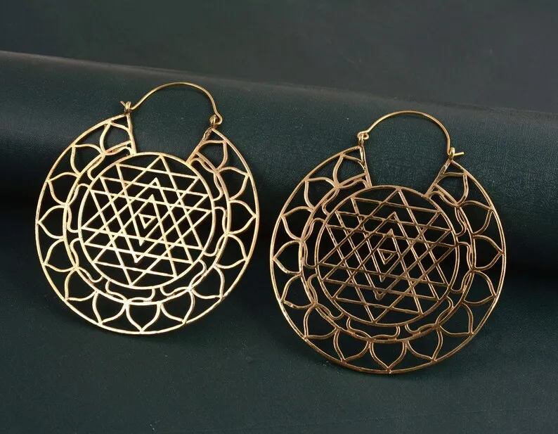 Sri Yantra Big Gold Hoop Earrings Brass Sacred Geometry with Tribal Design Huge Creole Gypsy Hoops for Fashion Jewelry