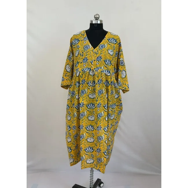 Handmade Summer Beach Cover-Up Kaftan Dress for Women Block Printed Cotton Fabric Midi Length Sleeves Order Your Model Number