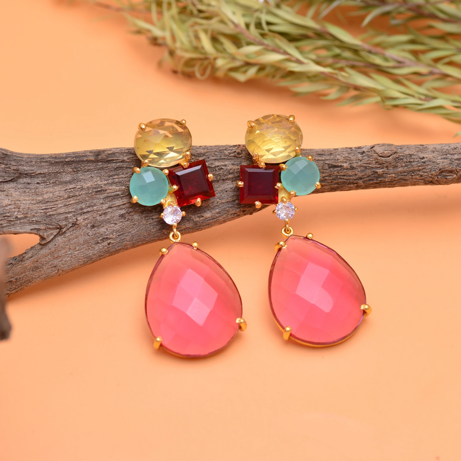 Bohemia Retro Natural Lemon Garnet Aqua Chalcedony Pink Tourmaline Gemstone Vintage 925 Sterling Silver Gold Plated Earrings