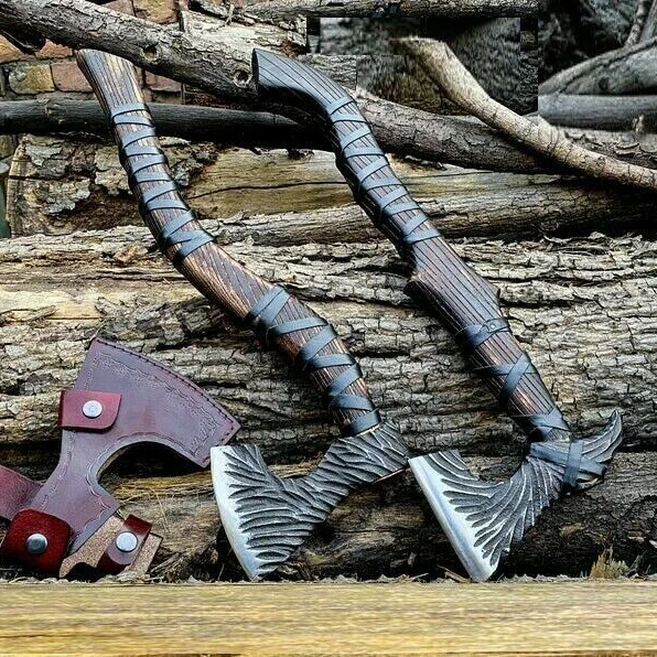 2 Custom Hand Forged Carbon Steel Viking Tomahawk Hatchet Axes with Ashwood Handle Damascus Steel Axe Head for Cutting