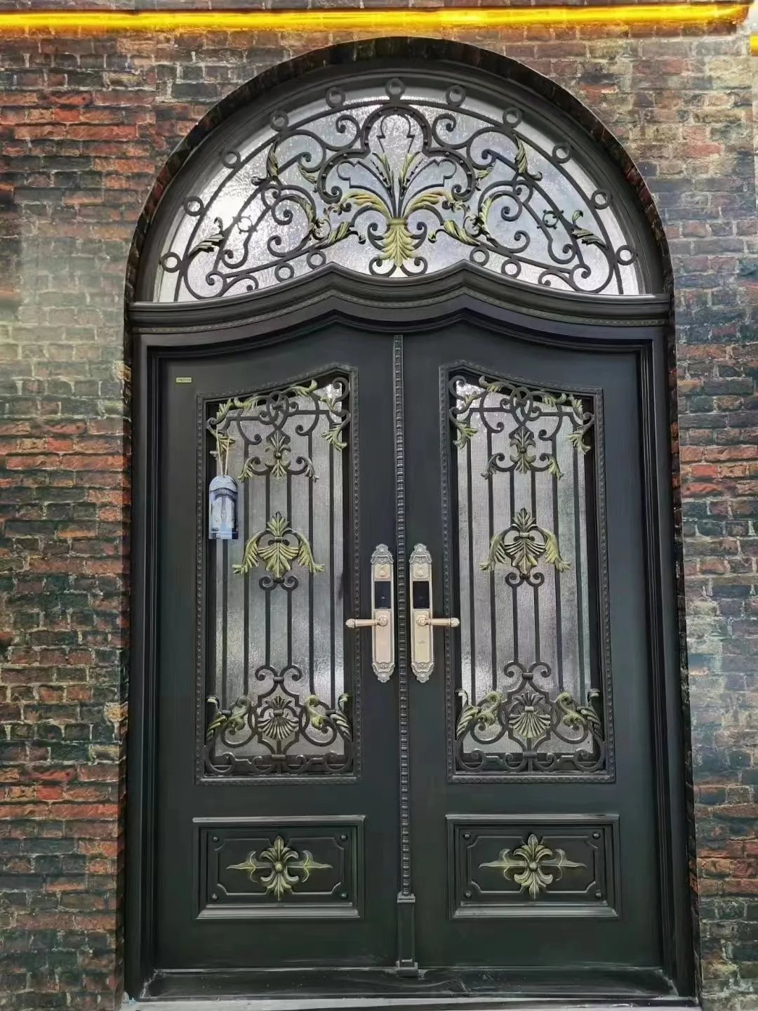 decorative small arched transom design security exterior vented glass double swing open outside wrought iron front entry door