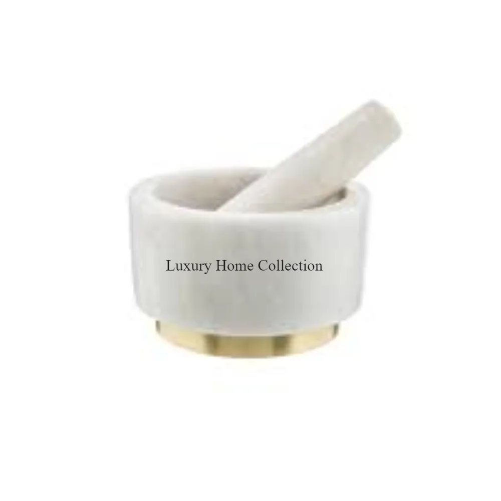 Marble Made Mortar And Pestle White Color With Golden Color Base Round Shape tabletop Medicines And Spices Grinding Tools