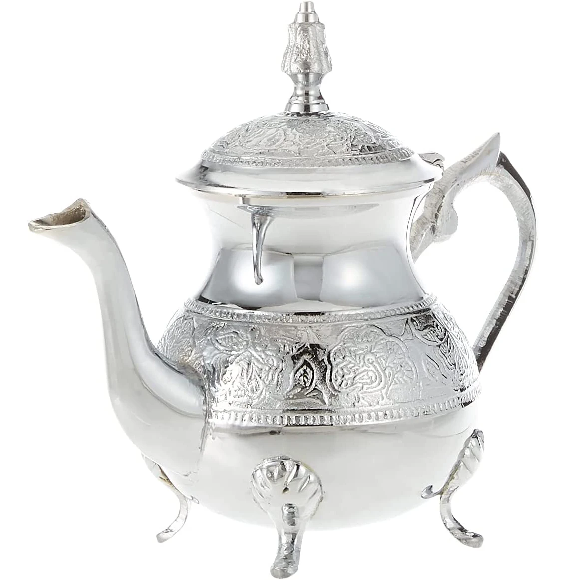 Moroccan 4 Cups Tea Pot Welded Legs Handmade Serving Small Brass Silver Plated Teapot Hand Carved