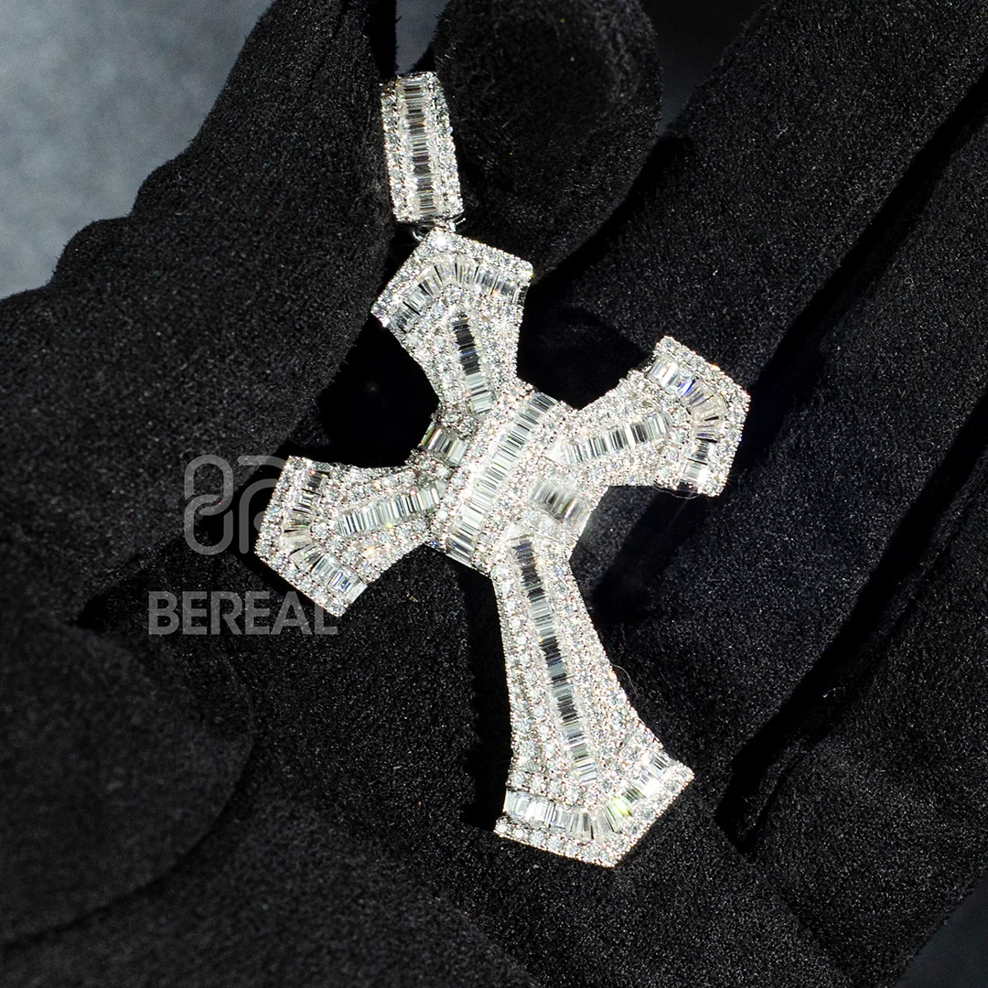 Factory Wholesale ODM Design Christian 925 Silver VVS Moissanite Baguette Ankh Cross Pendant 18k Real Gold Plated Men Jewelry