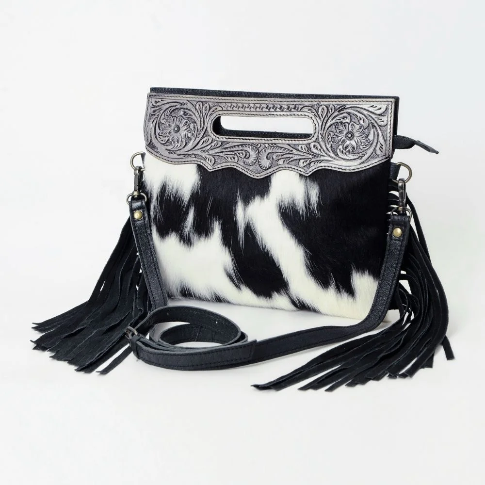 Cow Suede Fringes Women Crossbody Leather Bag with Hand Tooled Cowhide Leather Adjustable Matching Straps and Multiple Pockets