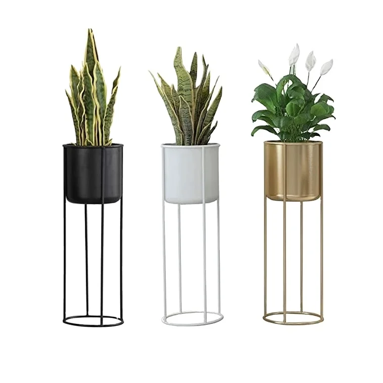 Plant Stand Set - 3-Piece Modern Planter with Tall Metal Stand - Decorative Standing Flower Pot Holder Indoor Outdoor.