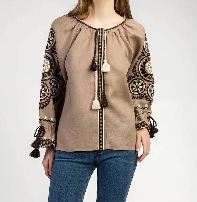 New Arrival Summer Cotton Blouse Embroidered Long Sleeves With Tassel Design Top Vintage Romanian Shirts For Summer Party Favour