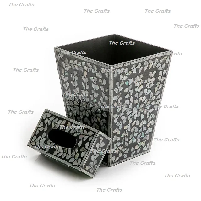 Wooden And Mother Of Pearl Waste Bin With Napkin Box For Home Office Hotel And Restaurant Usage Garbage Bin