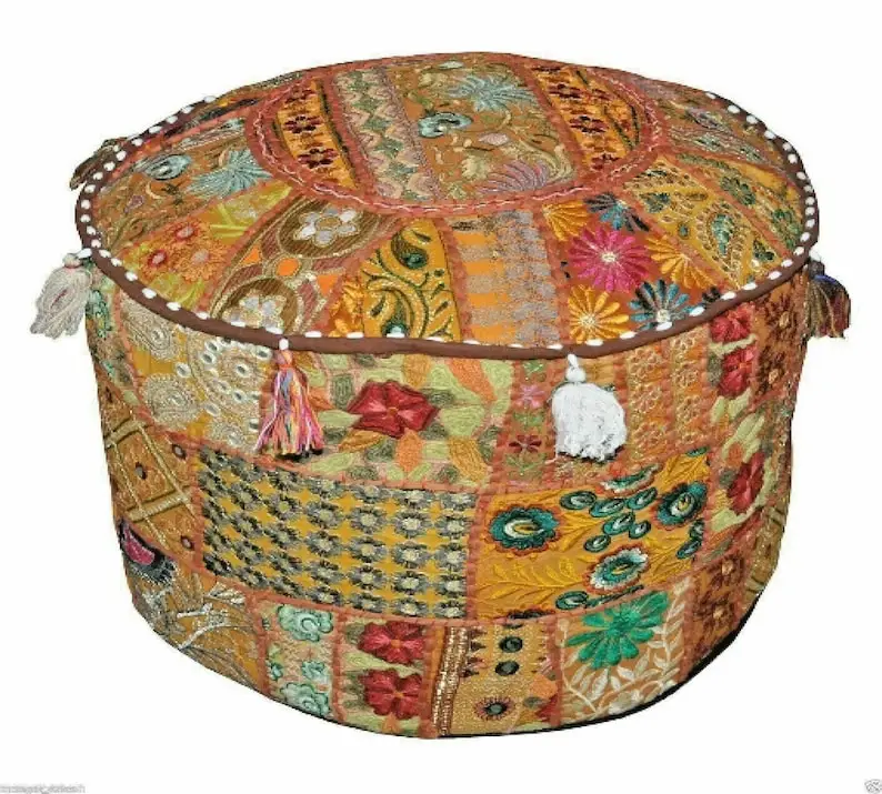 Round Yoga Meditation Pouf Cushion Bohemian Round Pouf INew Indian Handmade Round Patchwork Pouf Ethnic Footstool Handcrafted