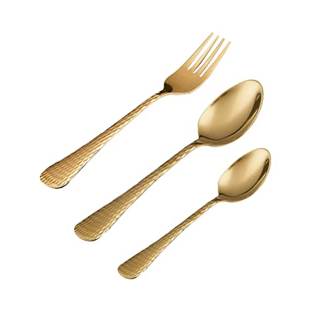 High Quality Unique Robust Elegant Stainless steel Gold plated Serving Fork Embossed Leaf end Handle Salad Server Spoon