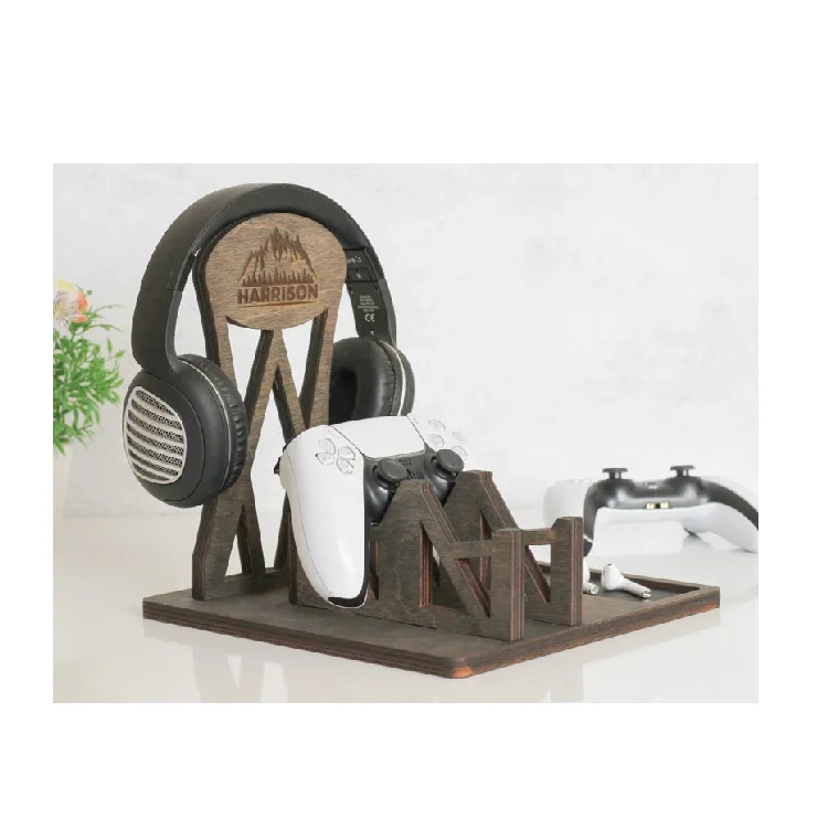 wood natural Controller Stand and Headphone Holder GiftGame Room Decor