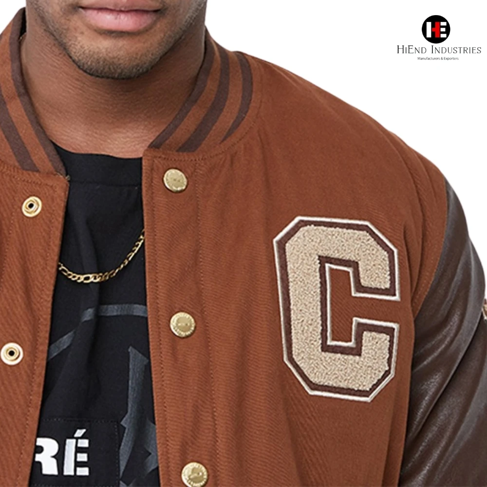 OEM Custom Leather Sleeved Varsity Jacket Embroidered Logo Classic Letterman Bomber Design Front Slash Pockets for Men