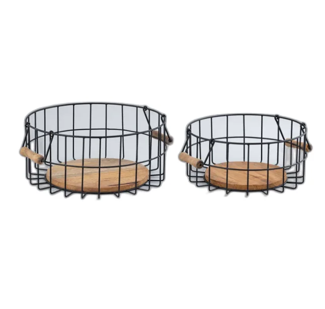 Round Wooden Base Steel Wire Basket with Handle Set of 2 Powder Coat Finishing Multipurpose Basket for Grocery Picnic