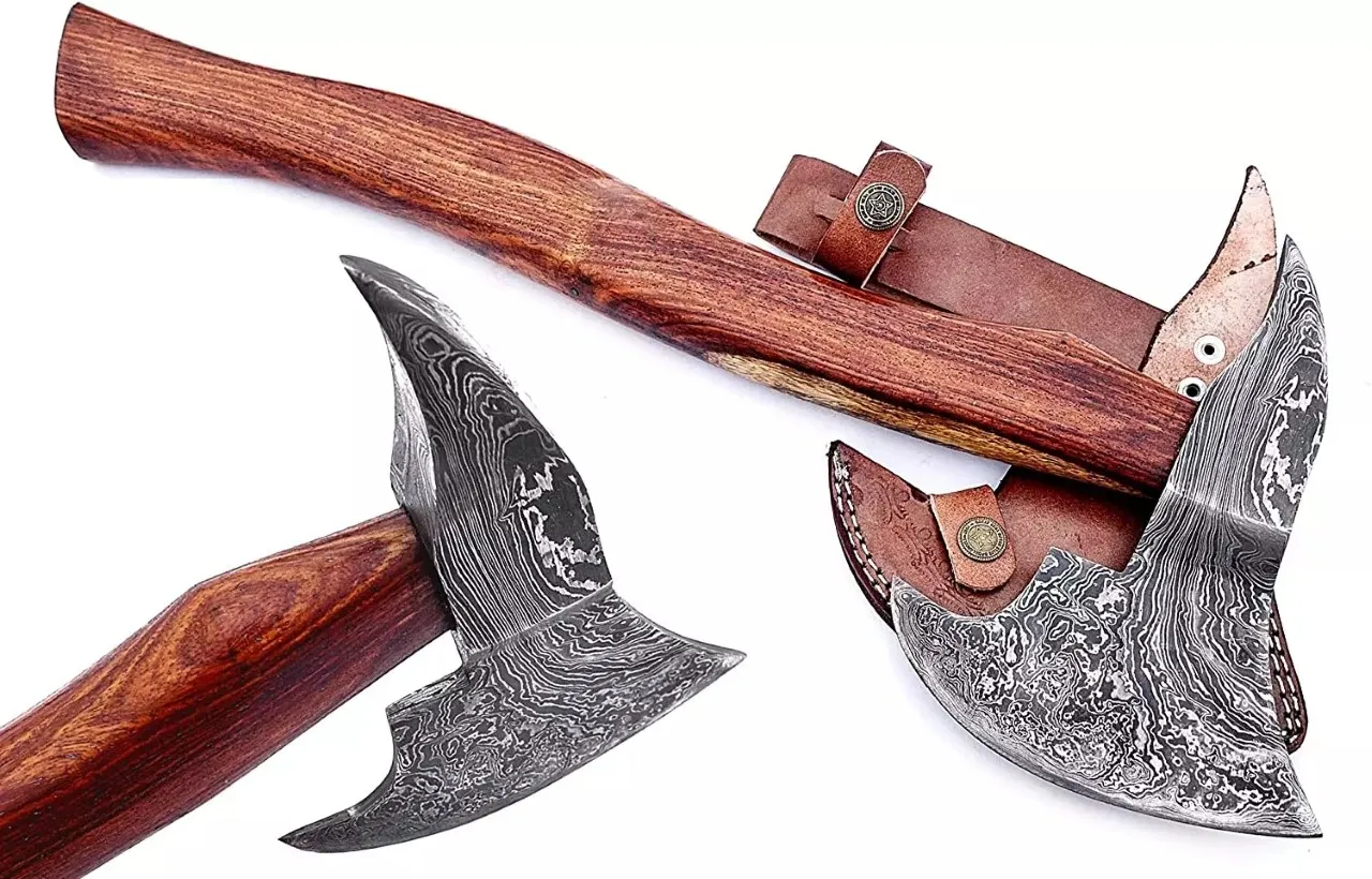 Hot Selling Custom Hand Made Damascus Steel Top Quality Logo Printed Axe With Leather Sheath Sharp Edge