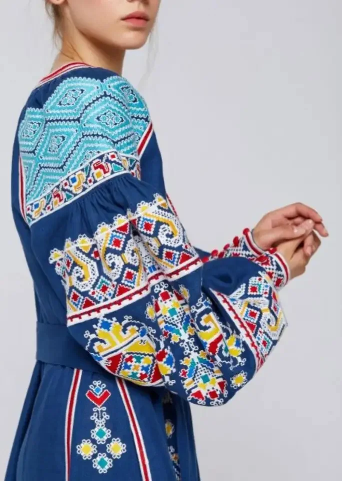 New Arrival Blue Color Dress With Ukrainian Flower Embroidery Long Puff Sleeves For Women Summer Party Favour Gift For Her