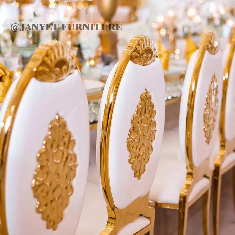 Оптовая продажа, роскошные золотые овальные металлические банкетные стулья для столовой, Штабелируемые Свадебные