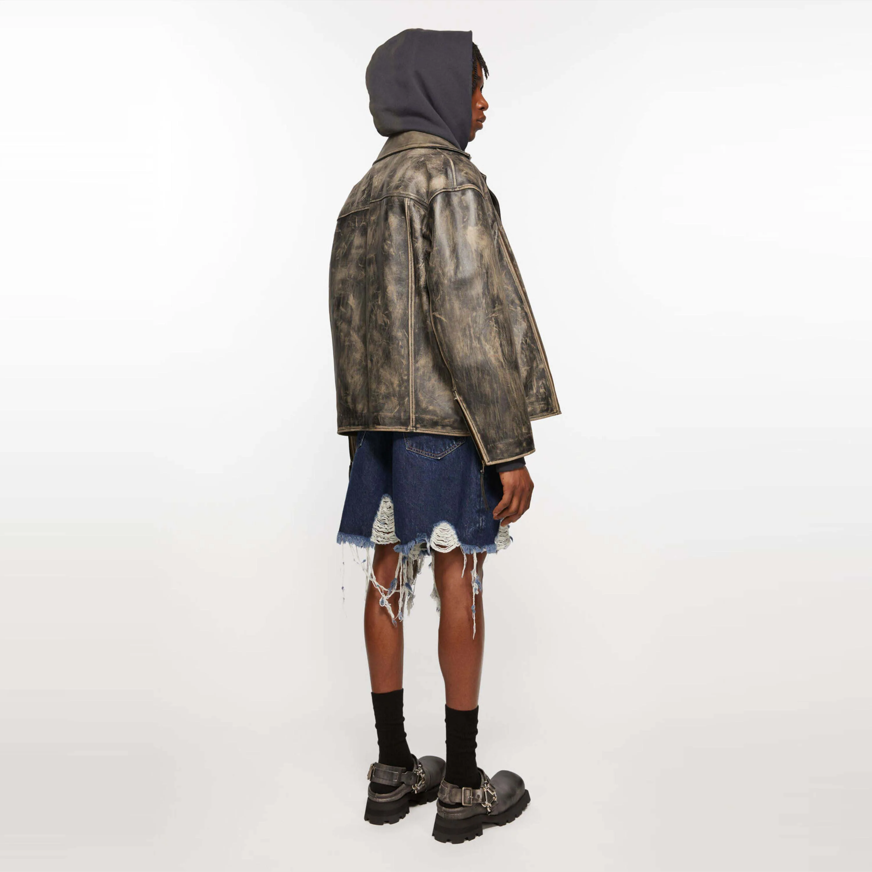 Distressed Denim Shorts - Super Baggy Fit, Mid Waist, Wide Leg, and Knee Length with Leather Patch Detail