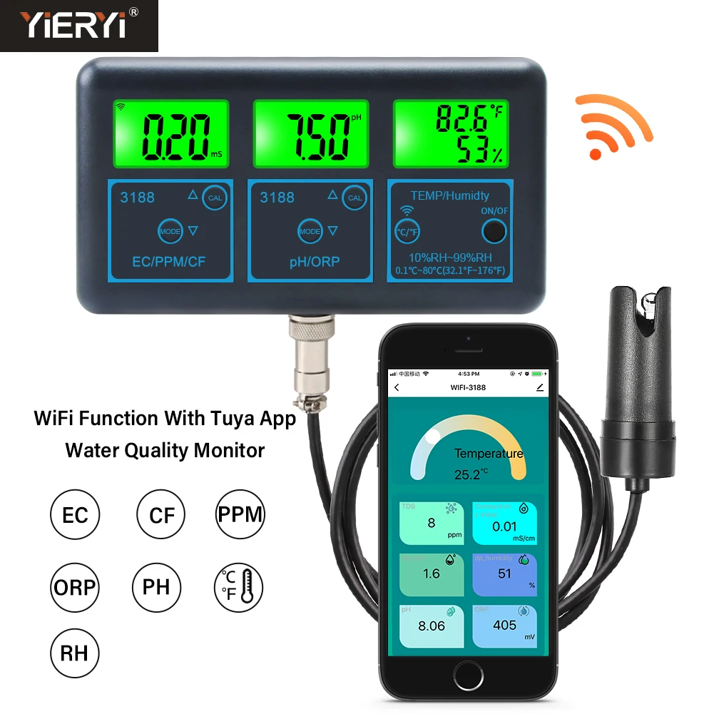 Tuya Smart Online WiFi PH meter 7 in 1 Temp TDS CF RH EC ORP  Digital  Water Quality Tester  for Aquarium Hydroponics Pool
