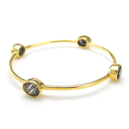 Handmade Gemstone Bangle Bracelet with Round Black Rutile Hydro Gems, Gold Plated Casual and Sporty Bracelet for Woman