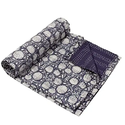 Handmade kantha quilt gray leaf print quilt Indian boho vintage quilt bedspread for sale