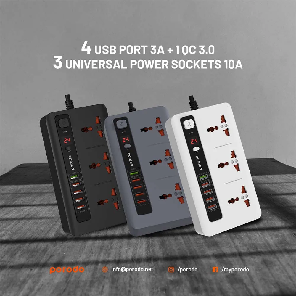 Porodo QC3.0 Multi-Socket 33W With Timer x3 AC Sockets 10A and x5 USB Outputs 33W -200cm Power Cord Independent Power Switch