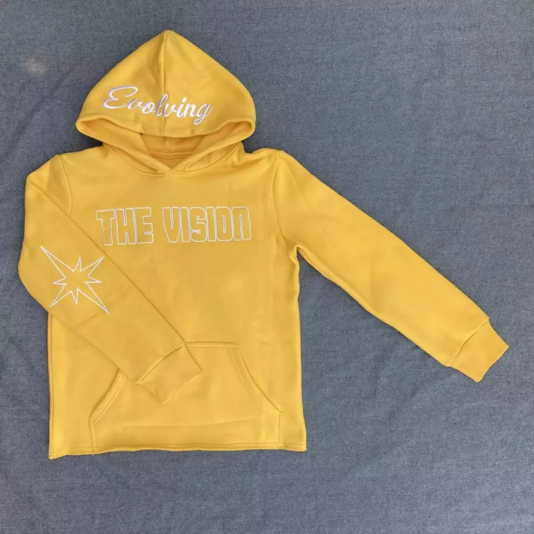 Streetwear Clothes Cut Edge Pullover Hoodies Custom Logo  French Terry Men embroidered hoodies  Men Distressed yellow hoodie