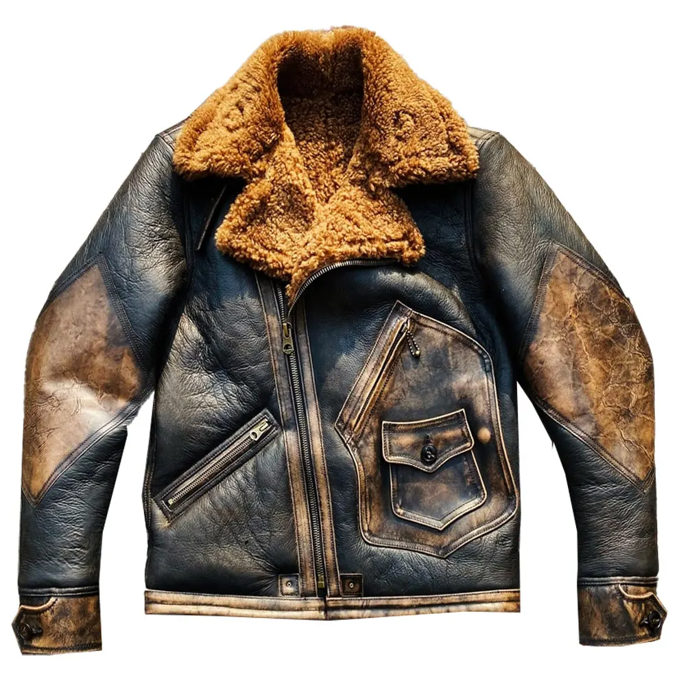 Mens biker Sheepskin Real shearling b3 bomber pilot Leather Jacket and Coats Motorcycle Genuine Leather Jackets