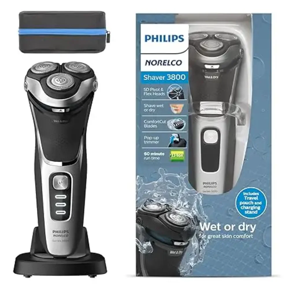 3800 бритвы Philips Norelco перезаряжаемая Бритва для мокрой и сухой с выдвижным триммером подставкой зарядки мешочком хранения серый цвет