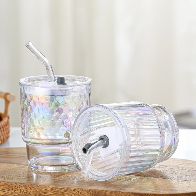 High value with lid laser colorful glass straw cup net red bamboo festival cup glazed glass