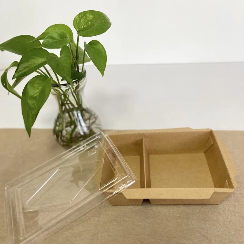 Wholesale Disposable Kraft Paper Salad Fast Food Lunch Delivery Boxes 2 compartment Food Packaging Tray with Lid