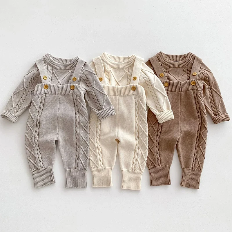 Autumn Boys Baby Girls Clothes 2 Piece Set Cotton Knitted Overalls Pullover Round Neck Toddler Boys Clothing Sweater