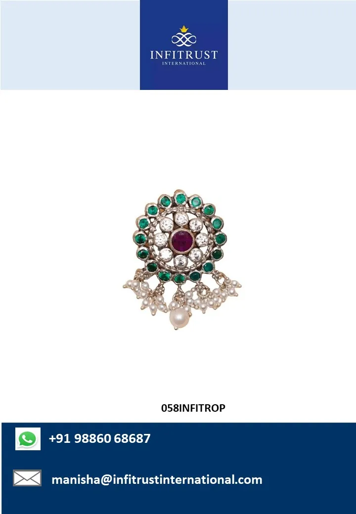 Splendid Floral Design Silver Gold Tone CZ Ruby Emerald Stone Pearl Beads Embellished Women Pendant on Ethnic Wear at Low Price