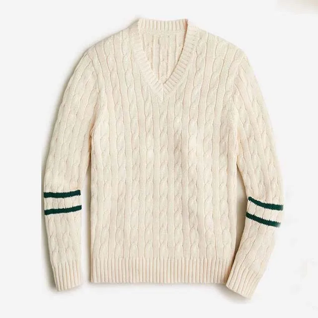 100% Wool Cotton Cable Knit Striped V-Neck Sweater Solid Color For Men Clothing Manufacture Breathable Long Sleeve High Quality