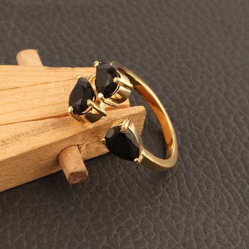 High Quality Luxury Ring Faceted Pear Black Onyx Three Stone Statement Ring Gold Plated Prong Setting Open Adjustable Ring Gift
