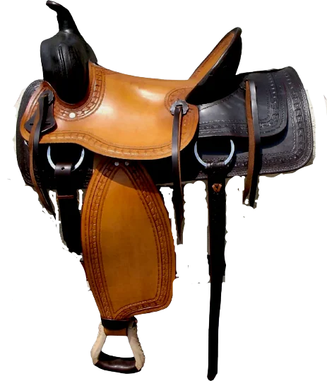 Top Quality Genuine leather  Two Tone colour western saddle with hot seat hand tolled carving rawhide strap
