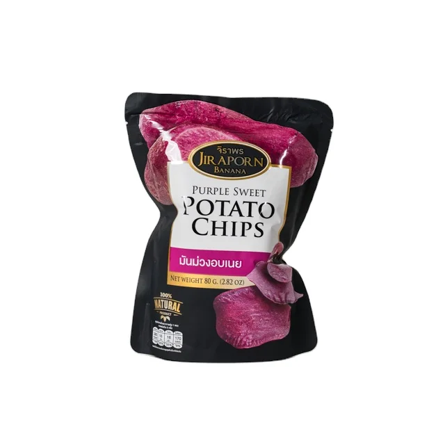 High Quality Purple Yam Jiraporn Banana Crispy Purple Sweet Potato Chips with Butter 80g. Product of Thailand