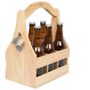 Holding Portable Rustic Farmhouse Six Divide compartments Beer Storage Pine Wooden Beer Caddy Carrier with Bottle Opener