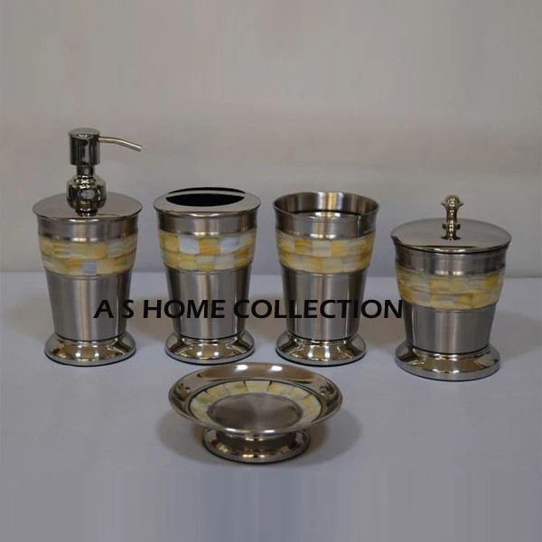 Hot Newly Product Set Pack Metal Stainless Steel Mother Of Pearl Inlay Bathroom Accessories Set Storage Basket Home Decorations