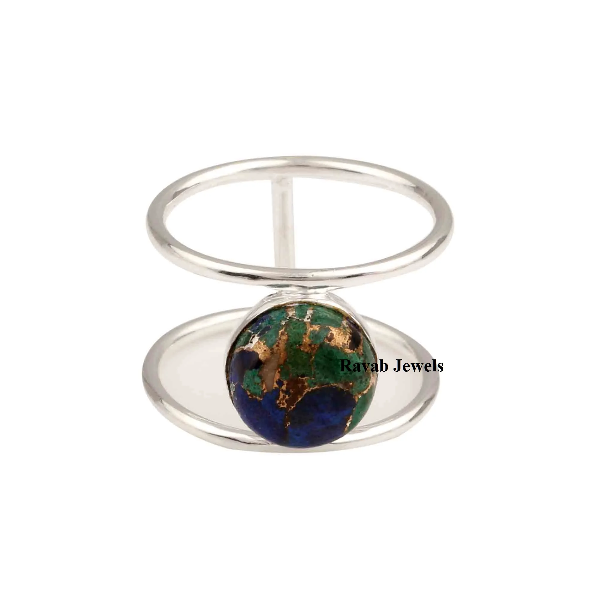 2024 Custom Double Band Sterling Silver Ring 12mm Natural Azurite Malachite Eternity Vermeil Bezel Fine Jewelry Manufacture
