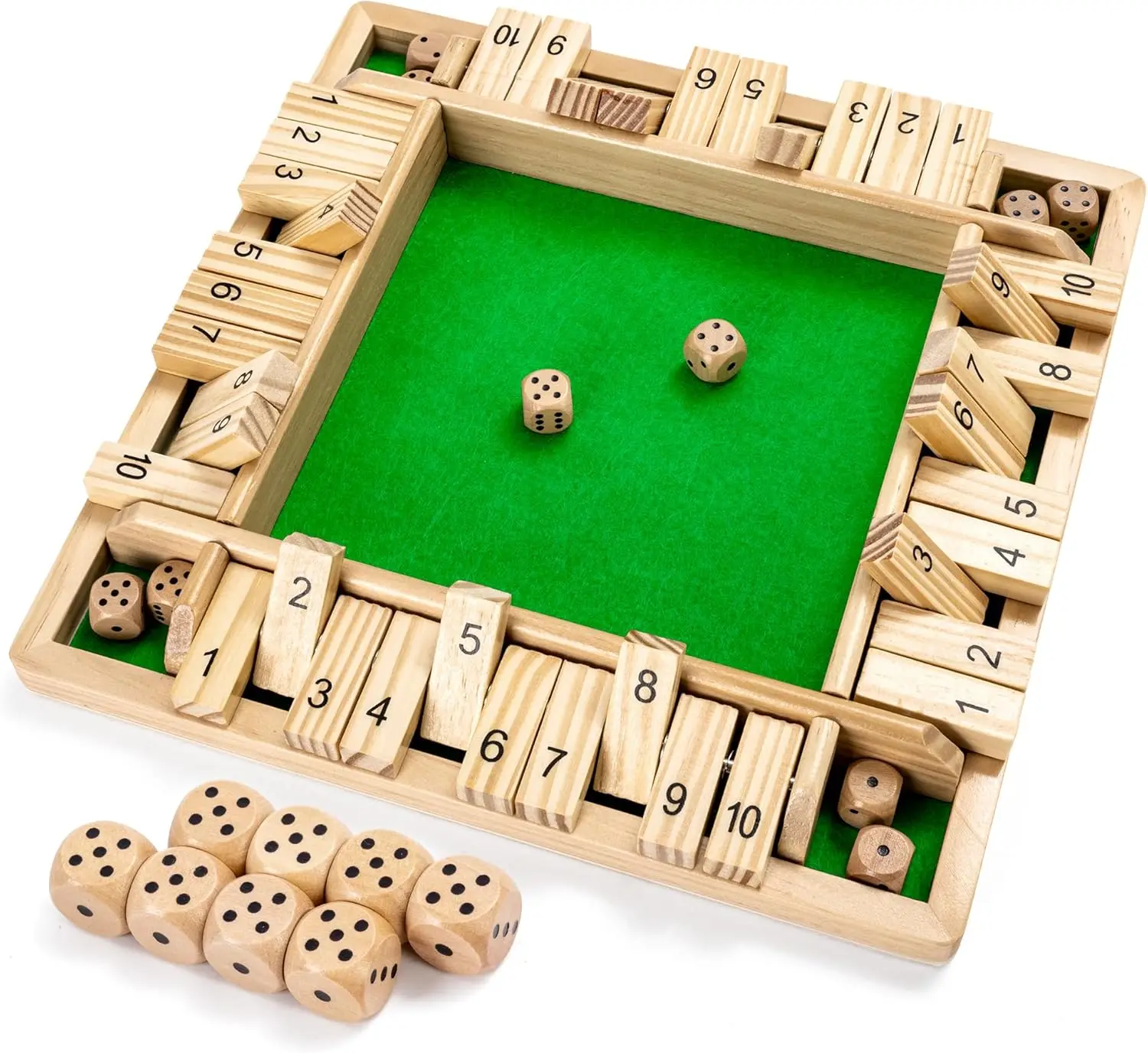 Wooden Shut The Box Game 2-4 Players  12 Inch Large 4 Sided Board with 8 Dice and Rules Fun Addition Game for Kids and Adults