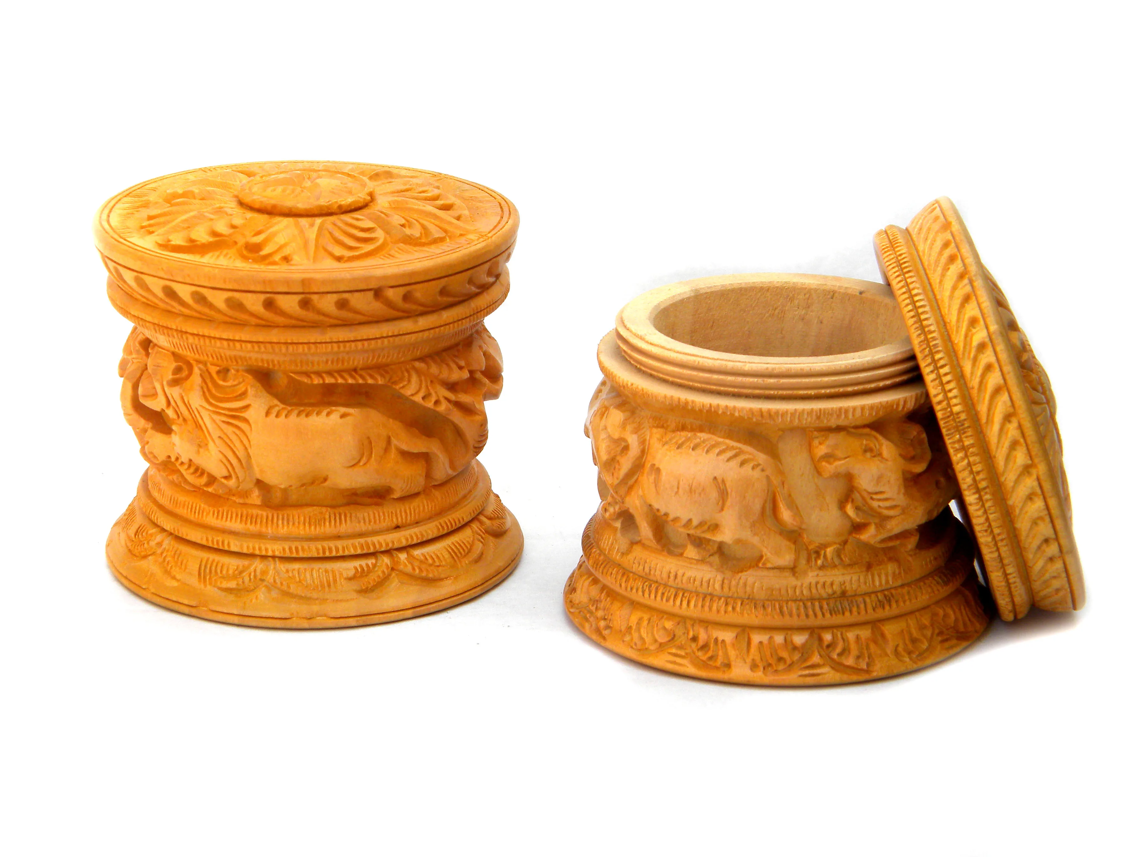 Indian Handcrafted  Carved Jar and Box Storage Material and Container Lion Tree Carving Multipurpose Jar with Lid Elephant tree
