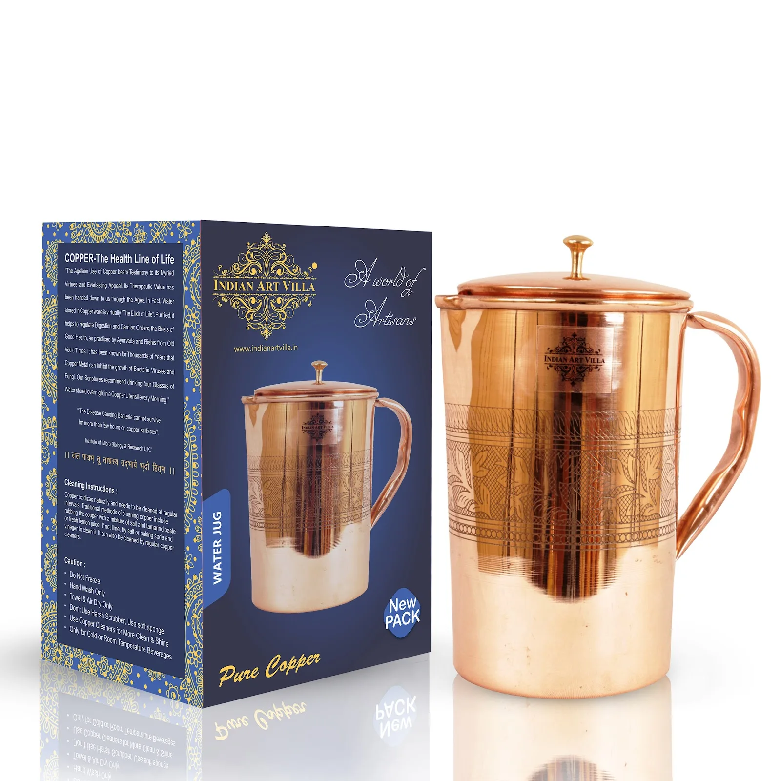 IndianArtVilla Pure Copper Jug Pitcher Embossed Design with Brass Knob Lid  for Elegant Serveware and Drinkware, 1500 ML
