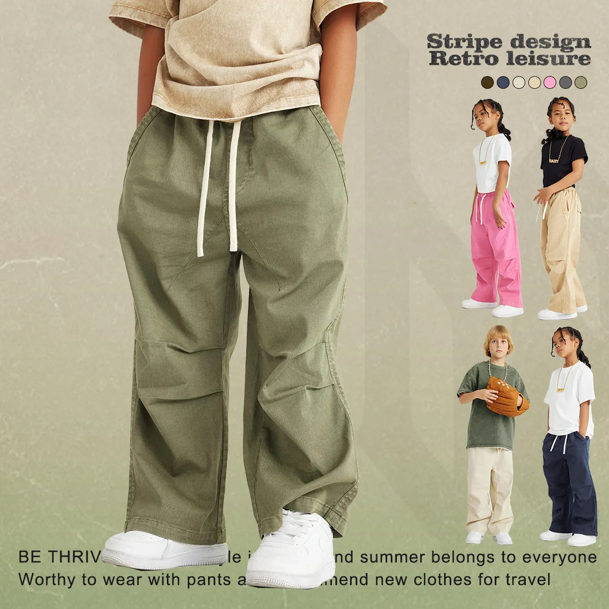 Factory New Arrival 100% Cotton Vintage Casual Washed Streetwear Long Pants for Kids Boys