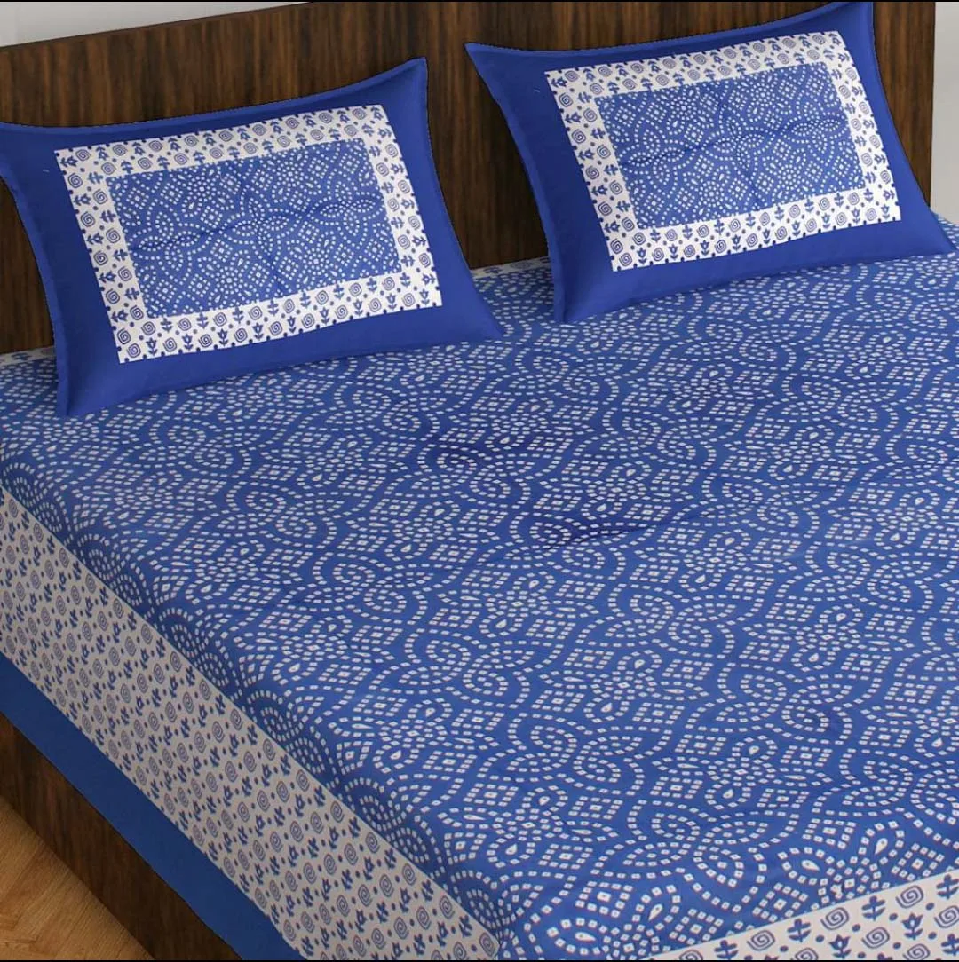 White Border Blue Printed Cotton Bedsheet Hand Block Printed with Pillow Covers for Home Decore