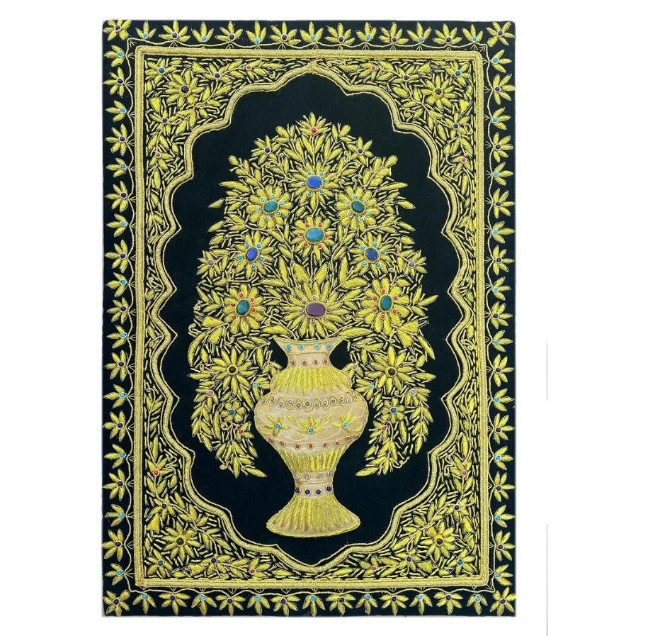 Arabic Zari Hand Embroidered Arabic Pattern Wall Panel Hanging Worship Praying Carpet