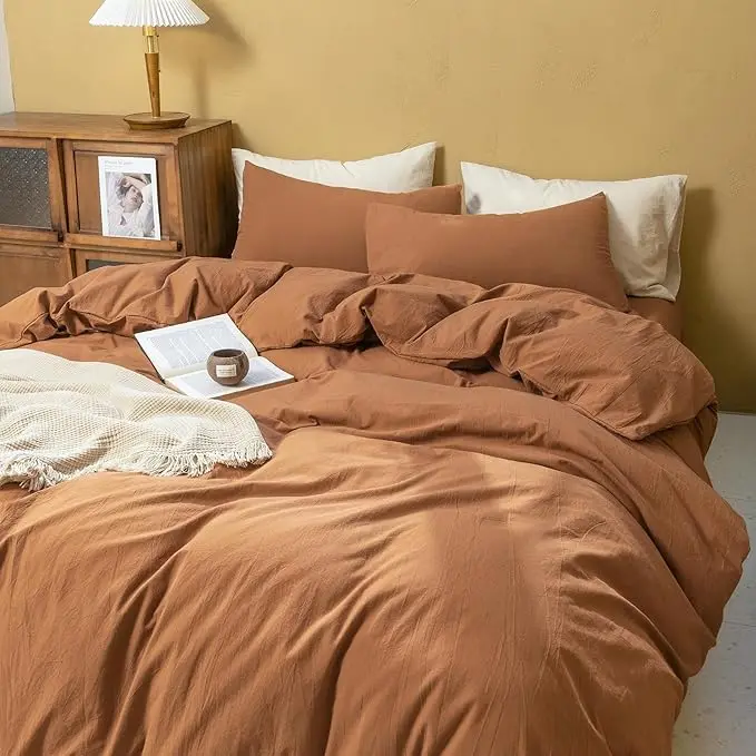 FOSSA Duvet Cover Set 100% Washed Cotton Feel Super Soft Breathable Cozy Simple Style 3 Pieces Bedding Set Solid Dark Orange